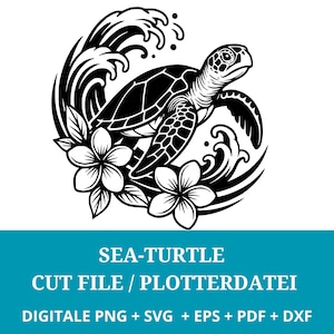 Peut inclure: Silhouette noire et blanche d'une tortue marine nageant dans une vague avec des fleurs. La tortue est tournée vers la droite et a la tête levée. La vague est derrière la tortue et a une crête mousseuse. Les fleurs sont de chaque côté de la tortue et sont en fleurs.
