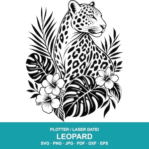 Puede incluir: Ilustración en blanco y negro de un leopardo rodeado de hojas y flores tropicales. El leopardo está representado con manchas y mira hacia la derecha. La imagen incluye la palabra "LEOPARD" e información del tipo de archivo.
