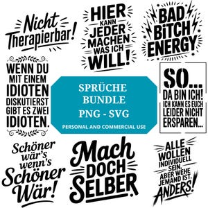 Könnte beinhalten: Eine Sammlung von schwarz-weißen Grafikdesigns mit verschiedenen Sprüchen, darunter "Bad Bitch Energy" und "So... Da bin ich!". Die Designs verwenden eine kräftige, stilisierte Schriftart, geeignet für digitale Kunst oder Druck.