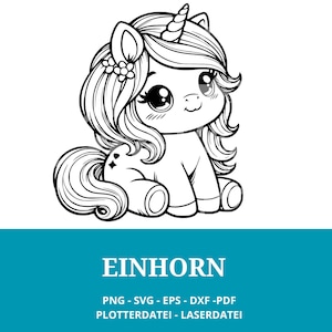 Könnte beinhalten: Schwarz-weiße Illustration eines niedlichen Einhorns mit fließender Mähne, Horn und Blume im Haar. Das Wort "EINHORN" wird darunter zusammen mit Dateiformatoptionen angezeigt.
