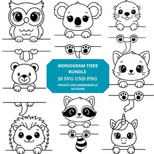 Tier Monogramm SVG Bundle, Name Monogram Tiere Umriss SVG Split Safari Tiere Umriss Name des Kindes Etikett Kinder, Baby Waldtiere svg