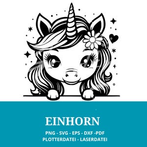 Könnte beinhalten: Schwarz-weiße Illustration eines niedlichen Einhorns mit einer Blume im Haar. Das Einhorn hat große Augen, ein Spiralhorn und ist von Sternen und Herzen umgeben. Das Wort "EINHORN" steht darunter.