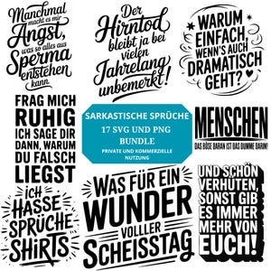 Könnte beinhalten: Eine Sammlung von schwarzen und weißen sarkastischen Zitaten in verschiedenen Schriftarten. Das Bild enthält Sätze wie „Warum einfach, wenn es auch dramatisch geht?“ und „Was für ein wundervoller voller Scheißtag“.