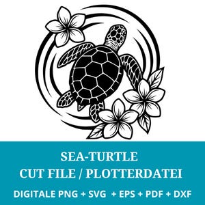 May include: Black and white silhouette of a sea turtle swimming in a circle with tropical flowers.  The design is perfect for crafting projects.