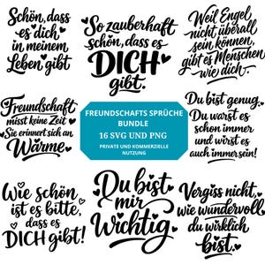 Könnte beinhalten: Eine Sammlung von schwarz-weißen Grafikdesigns mit deutschem Text, darunter Sätze wie "Schön, dass es dich" und "Du bist mir wichtig." Die Designs sind als SVG- und PNG-Dateien erhältlich, geeignet für private und kommerzielle Nutzung.