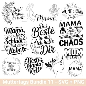 May include: A selection of black and white graphic designs featuring the word "Mama" in diverse fonts and styles. Some designs incorporate floral elements, hearts, and phrases such as "Best Mom in the World."
