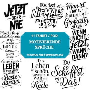 Może przedstawiać: Zbiór czarno-białych cytatów i fraz motywacyjnych w różnych czcionkach. Niektóre frazy są w dymkach. Obraz zawiera tekst "11 TSHIRT / POD MOTIVIERENDE SPRÜCHE PERSONAL AND COMMERCIAL USE."