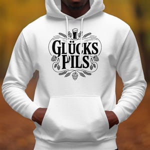 Men's White Hoodie with Glücks Pills Graphic, Casual Fall Fashion, Comfortable Pullover Sweatshirt