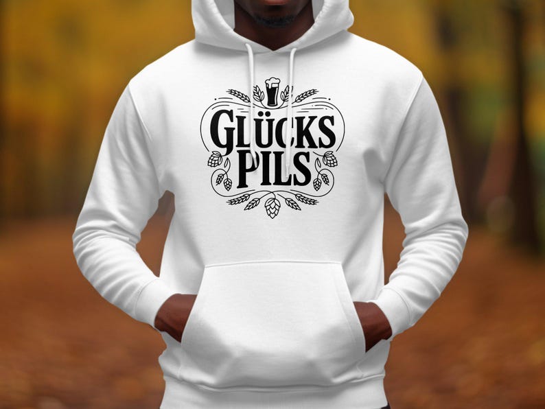 Men's White Hoodie with Glücks Pills Graphic, Casual Fall Fashion, Comfortable Pullover Sweatshirt