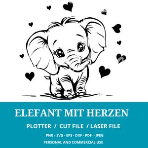 Könnte beinhalten: Schwarz-weiße Illustration eines niedlichen Baby-Elefanten mit großen Ohren und Wimpern, umgeben von schwarzen Herzen. Das Bild enthält den Text "ELEFANT MIT HERZEN" und Dateitypinformationen.