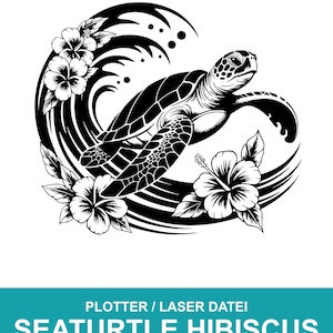Peut inclure: Illustration en noir et blanc d'une tortue de mer nageant à travers des vagues stylisées et des fleurs d'hibiscus. L'image comprend le texte "SEATURTLE HIBISCUS" et les options de type de fichier : SVG, PNG, JPG, PDF, DXF et EPS.
