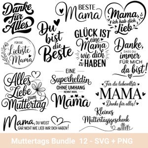 Könnte beinhalten: Ein Schwarz-Weiß-Grafikdesign-Paket mit 12 verschiedenen Designs zum Muttertag. Die Designs zeigen verschiedene Sätze auf Deutsch, wie "Danke für alles" und "Du bist die Beste".