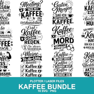 Könnte beinhalten: Ein schwarz-weißes digitales Kunstpaket mit 16 Kaffee-Designs mit verschiedenen Zitaten und Phrasen. Die Designs beinhalten Kaffeetassen und Text wie "Kaffee? Check. Überlebensmodus aktiviert? Check."