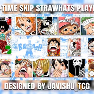 May include: A colourful playmat featuring characters from the anime One Piece. The playmat has a blue background with white borders and features images of the Straw Hat Pirates, including Luffy, Zoro, Nami, Usopp, Sanji, Chopper, Robin, Franky, and Brook. The playmat is designed by Javishu_TCG.
