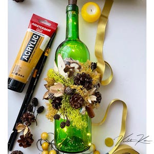 LED Moss Bottle Lamp | Hand-Painted Wine Bottle Light | Gift for Her