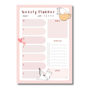 Può includere: Un planner settimanale rosa con un'illustrazione di un gatto. Il planner ha sezioni per gli obiettivi, la lista di cose da fare e le note. I giorni della settimana sono elencati sul lato sinistro del planner.