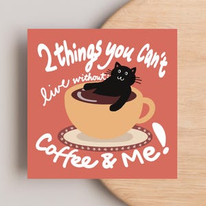 Cadeau carte d'anniversaire chat noir pour les amateurs de café et de chat, design unique ludique, illustration de chaton mignon, cadeau pour amoureux des chats, carte sur le thème des chats