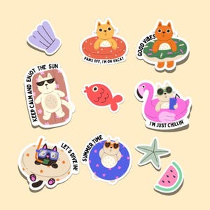 Juego de pegatinas de gatos con vibraciones playeras de verano, lindas pegatinas de vinilo para diario, scrapbooking, planificadores, regalos, gatos geniales, días soleados, estado de ánimo relajado