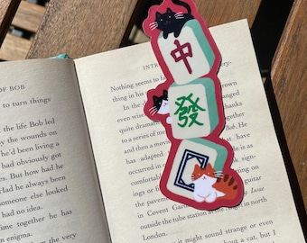 Segnalibro divertente con gatti per Mahjong, a doppia faccia, con simpatici gattini, ideale per lettori e amanti del Mahjong, con design cantonese per il Capodanno cinese (CNY).