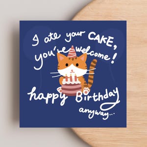 Carte d'anniversaire drôle de chat roux, conception de gâteau mignon Kitty, carte de voeux unique pour les amoureux des chats et les propriétaires d'animaux de compagnie, idée cadeau