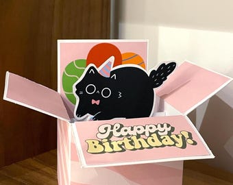 Handmade 3D Black Cat Pop Up Birthday Card, Cat Lover Gift