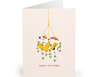 Tarjeta de cumpleaños de un gato calicó: divertido juego de palabras con "Highpy Purrday"