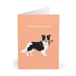 Carte d'anniversaire drôle de border collie et carte de fête des pères Jolie carte d'anniversaire de chien de berger portant un bâton