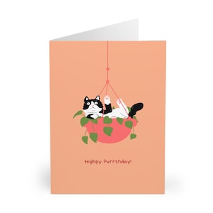 Carte d'anniversaire drôle de chat smoking avec motif chat noir et blanc avec jeu de mots Highpy Purrday Carte d'anniversaire parfaite pour les amoureux des chats et les fans de félins