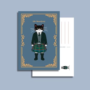 La sua cartolina Meowjesty raffigura un elegante gatto maschio in abito scozzese, un regalo divertente perfetto per gli amanti dei gatti, dei fan della famiglia reale o per gli amanti della cultura scozzese.