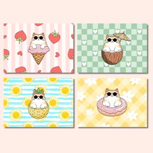 Cool Cats Summer Postcard Set with Cute Cat on Ice Cream Donut Pineapple Coconut Illustrated Postcards for Cat Lovers Stationery Collectors