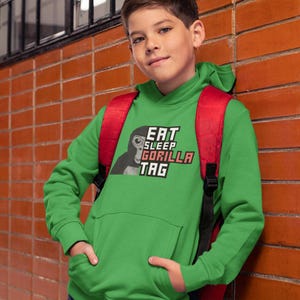 Gorilla Tag Hoodie- &quot;Eat Sleep Gorilla Tag&quot; Graphic pullover for Summer Fun, Back to School, Birthday Gifts, Casual Wear, VR Apparel