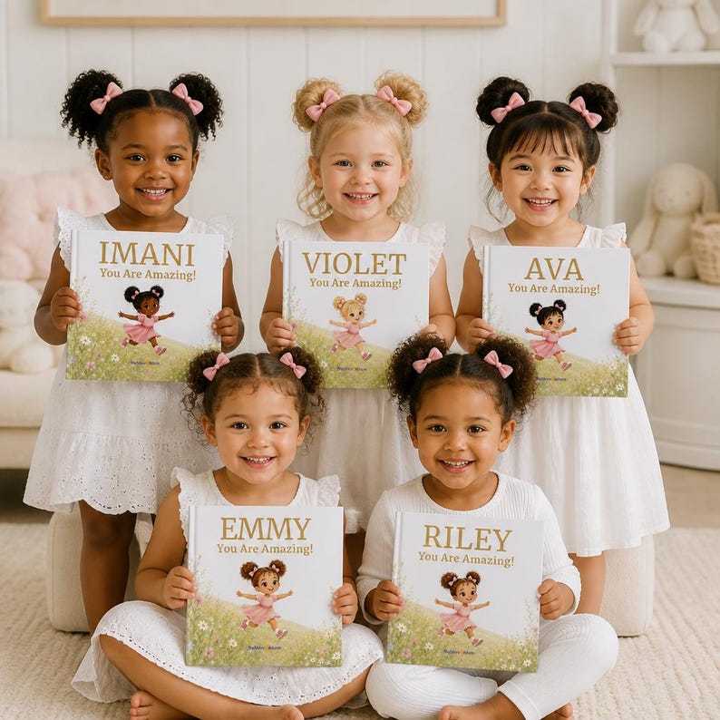 May include: Five children holding personalized storybooks titled with names Imani, Violet, Ava, Emmy, and Riley. Each book cover features the text You Are Amazing! and an illustration of a cartoon character in a pink dress in a field.