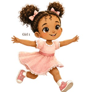 May include: A cartoon illustration of a young child with dark curly hair in two high puffs, each secured with a light pink bow. The child wears a light pink dress with a scalloped collar and pink sneakers with white laces. The text Girl 1 is visible.