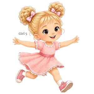 May include: A digital illustration of a young child with blonde hair in two buns, each tied with a pink bow. The child wears a pink dress with white lace trim and pink sneakers with white laces. The text Girl 5 is visible on the left side.