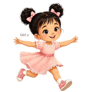 May include: A digital illustration of a young child with dark hair styled in two buns with pink bows, wearing a light pink dress with white lace trim and pink sneakers. The child has brown eyes and is smiling with arms outstretched. Text reads Girl 3.