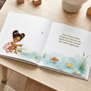 A young girl in a pink dress kneels by a vibrant pond, surrounded by colorful fish and lush plants. The cheerful scene conveys curiosity and wonder. reading gift positive message for little girls