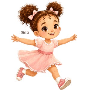 May include: A digital illustration of a young child with curly brown hair styled in two high puffs with light pink bows. The child wears a light pink dress with white lace trim and pink sneakers with white laces. The text Girl 2 is visible.