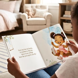 preschool girl reading a personalized keepsake story book about positive affirmations called "you are amazing".