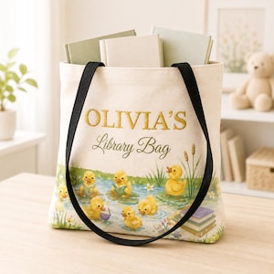 Personalized Kids Tote Bag with Duck Design Custom Name Library Book Bag for Toddlers Preschool Canvas Bag Gift for Young Readers