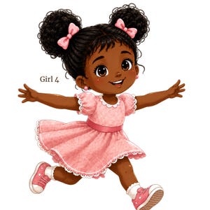May include: A digital illustration of a young child with dark skin and brown eyes, wearing a pink dress with white lace trim and pink sneakers. The child has dark curly hair styled in two high buns with pink bows and the text Girl 4 is visible.