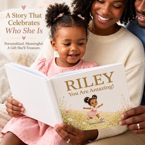 Smiling parents and daughter read a children’s book titled "Riley, You Are Amazing!" together. The scene radiates warmth and family bonding. this is a personalized children's book.