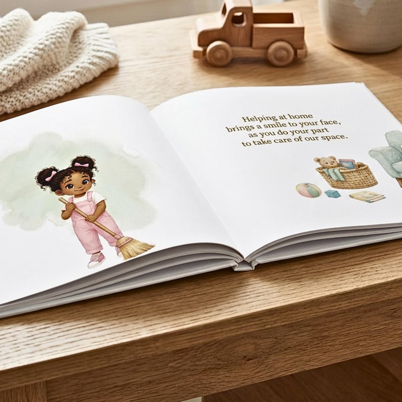 May include: An open children's book featuring an illustration of a child with dark hair in pigtails wearing pink overalls and holding a broom. The text reads: Helping at home brings a smile to your face, as you do your part to take care of our space.