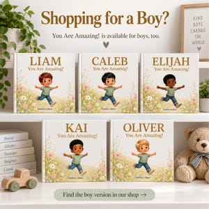May include: Five square children's books titled You Are Amazing! with personalized names Liam, Caleb, Elijah, Kai, and Oliver. Each cover features a cartoon illustration of a child running through a field of wildflowers with gold text.