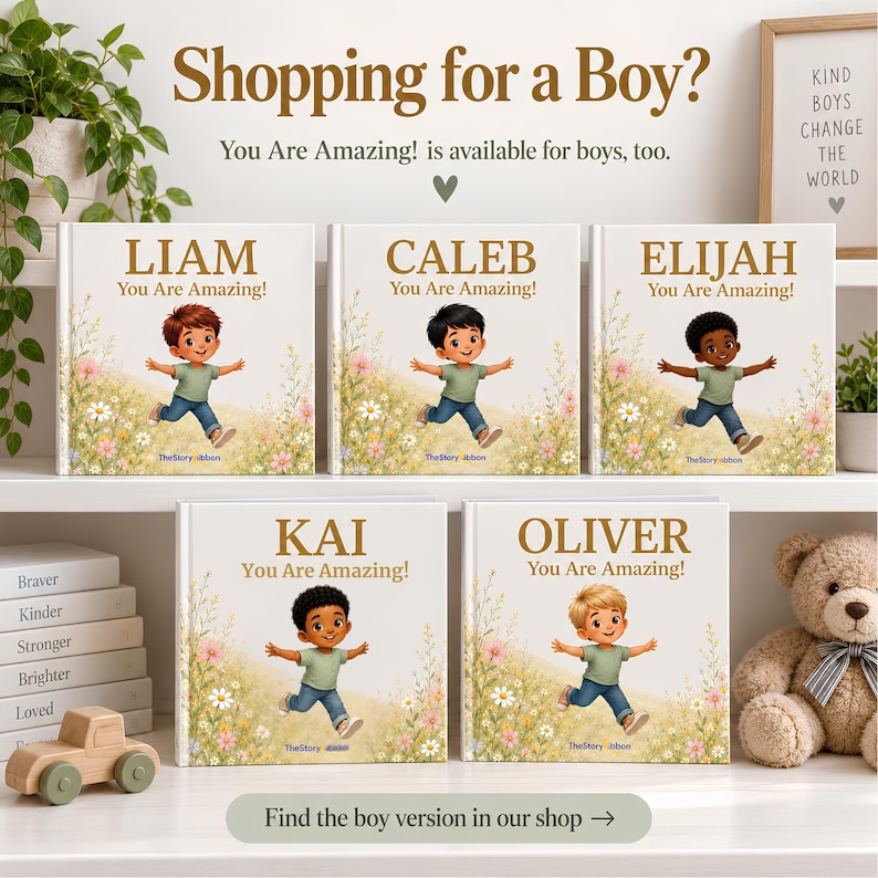 May include: Five square children's books titled You Are Amazing! with personalized names Liam, Caleb, Elijah, Kai, and Oliver. Each cover features a cartoon illustration of a child running through a field of wildflowers with gold text.