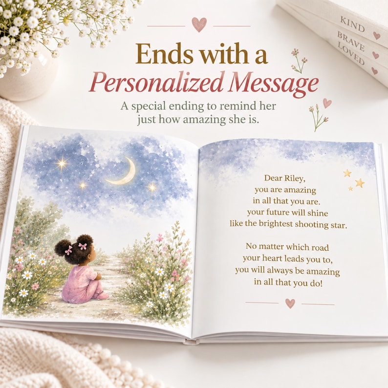 A child's hand points to a page in a storybook showing a joyful cartoon girl in water. Text reads: “A story made just for them.” Tone is playful and personalized book for little girls. you are amazing story. personalized book little  girls positivity book