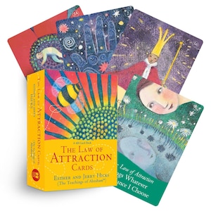 May include: A deck of "The Law of Attraction Cards" by Esther and Jerry Hicks, featuring a yellow box with a bee and sunflower design. Several illustrated cards are fanned out, displaying colorful artwork and text. The deck is a 60-card set.