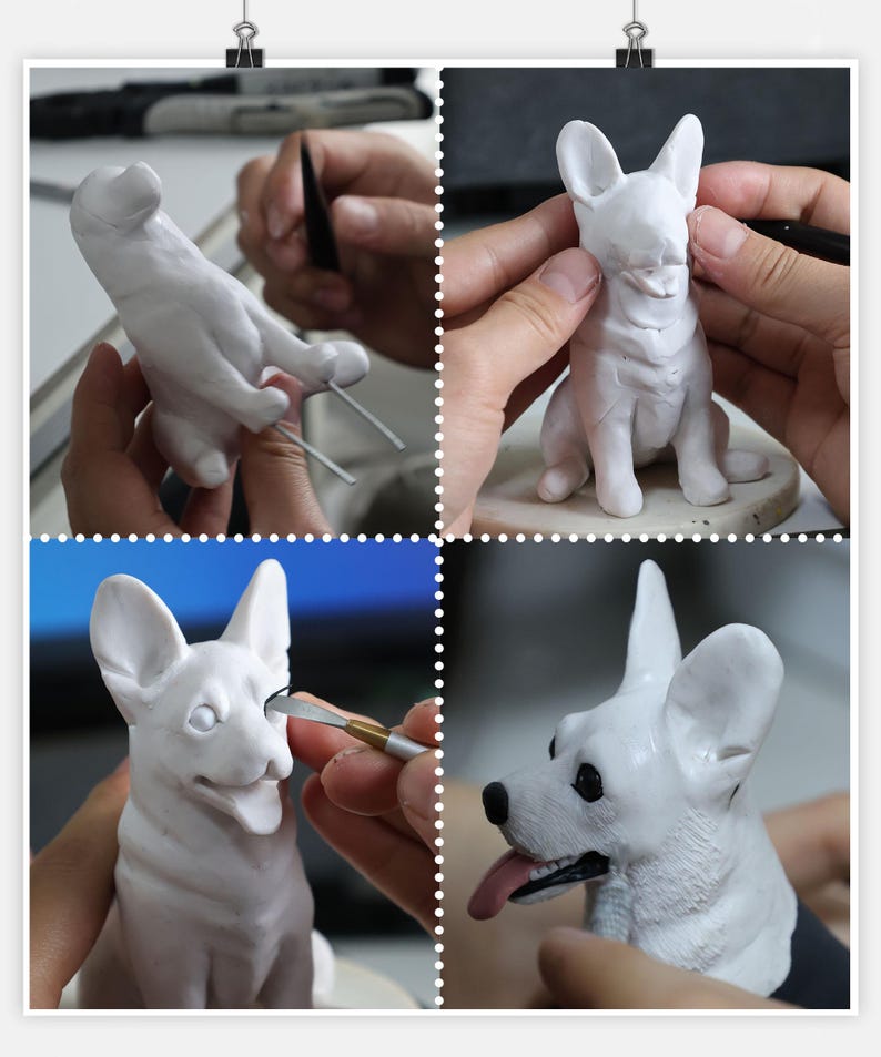 May include: A white ceramic dog sculpture is being sculpted by hand. The artist is using tools to shape the dog's face, ears, and body. The sculpture is in various stages of completion, showing the process of creating a realistic dog sculpture.