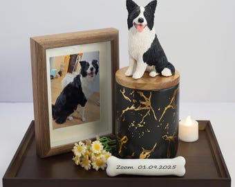 Custom Pet Memorial Urn - Black & Gold Handmade Clay Dog Sculpture Jar, Personalized Keepsake to Honor Your Furry Friend Forever