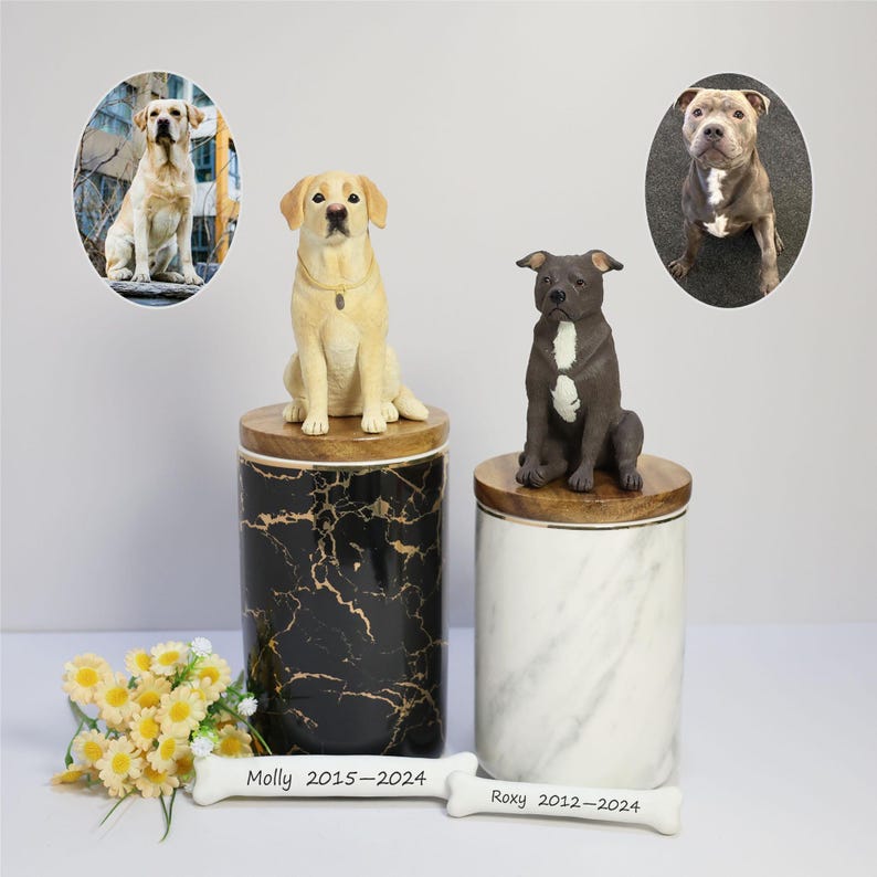 May include: Two ceramic urns with marble-like patterns, one black and gold, the other white. Each urn has a small dog figurine on top, one a yellow Labrador Retriever and the other a black and white Staffordshire Bull Terrier. The urns are on a white surface with a white bone-shaped object in front of them. The bone has the names "Molly 2015-2024" and "Roxy 2012-2024" written on it.