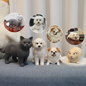 Puede incluir: Cinco figuritas de cerámica de mascotas, incluyendo un gato gris, un caniche blanco, un chihuahua marrón y blanco y dos conejillos de indias blancos. Las figuritas están dispuestas en un sofá gris.